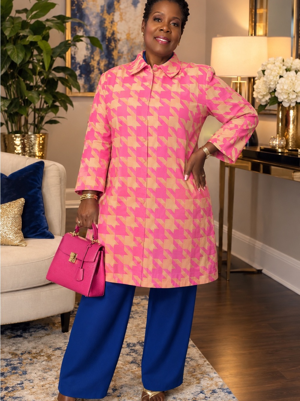 Isaac Mizrahi Pink & Cream Houndstooth Coat